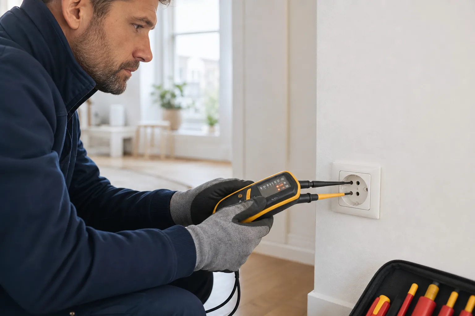 Elektriker som felsöker ett jordat vägguttag